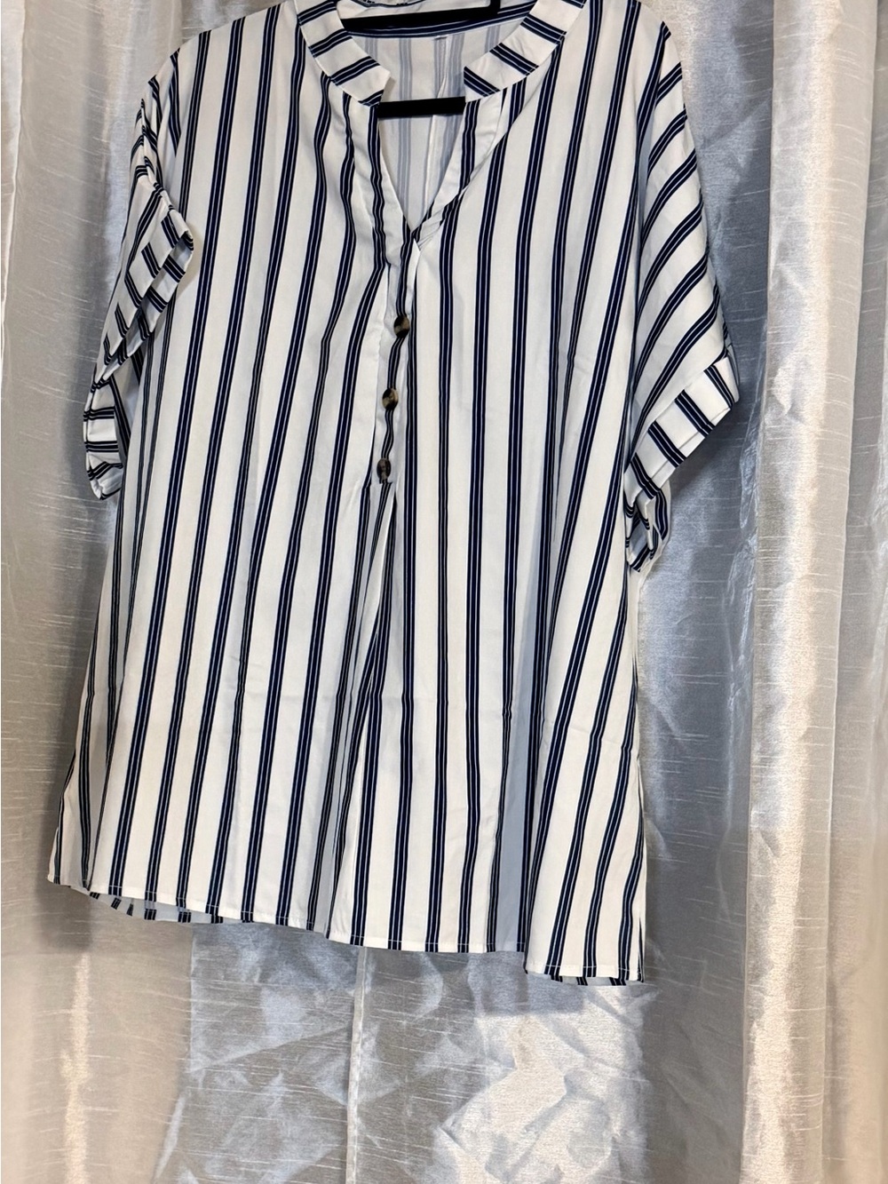 SHEIN White and Navy Vertical Stripe Button-Front Blouse